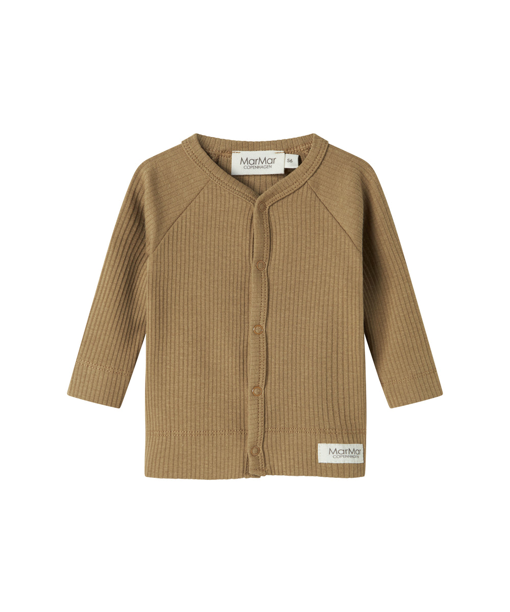 Brun ribstrikket cardigan til børn med knapper foran