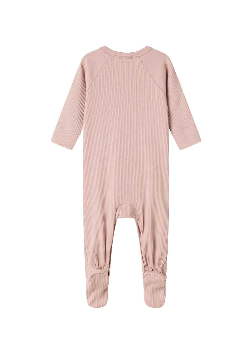 ribbstrikket lyserød heldragt til baby i blødt materiale med lange ærmer, lange ben, tryknapper og futter
