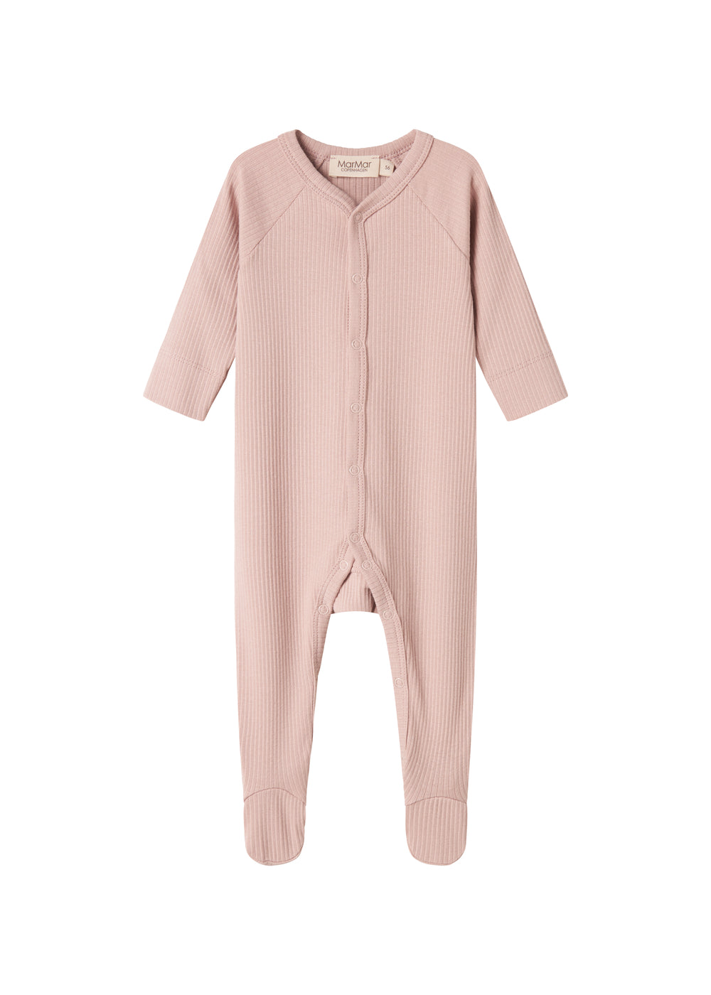 ribbstrikket lyserød heldragt til baby i blødt materiale med lange ærmer, lange ben, tryknapper og futter