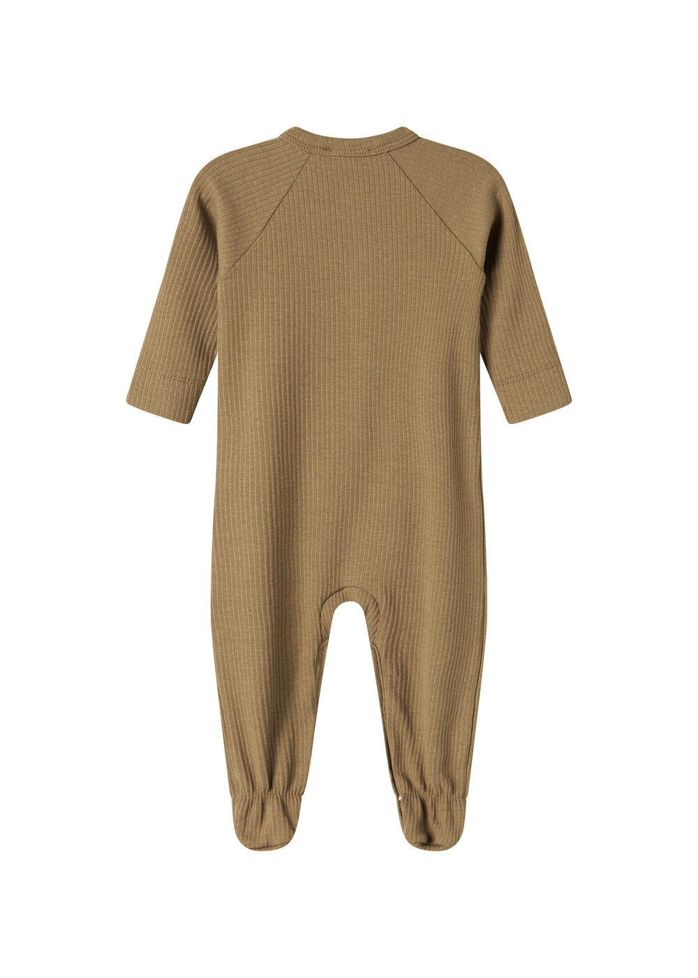 Ribbstrikket brun heldragt til baby i blødt materiale med lange ærmer, lange ben, tryknapper og futter