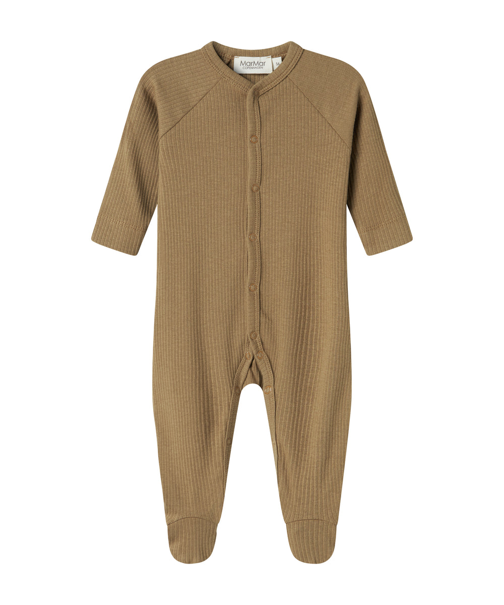 Ribbstrikket brun heldragt til baby i blødt materiale med lange ærmer, lange ben, tryknapper og futter