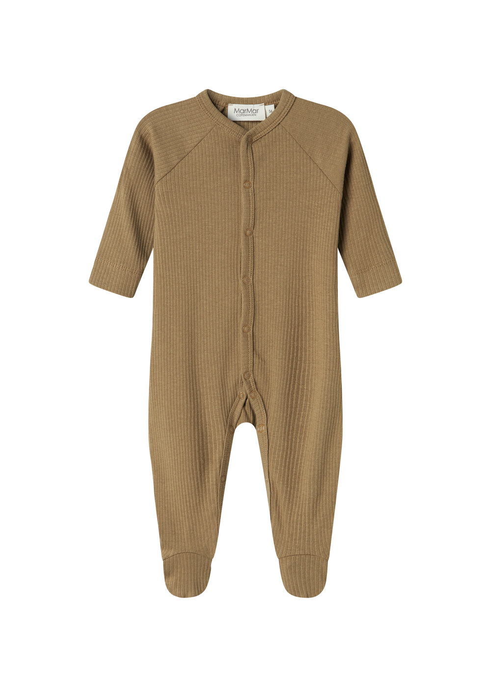 Ribbstrikket brun heldragt til baby i blødt materiale med lange ærmer, lange ben, tryknapper og futter