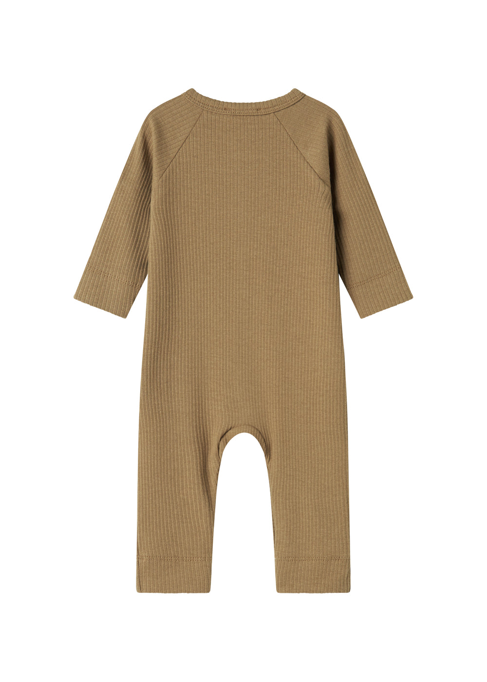 Ribbstrikket brun heldragt til baby i blødt materiale med lange ærmer og lange ben og tryknapper