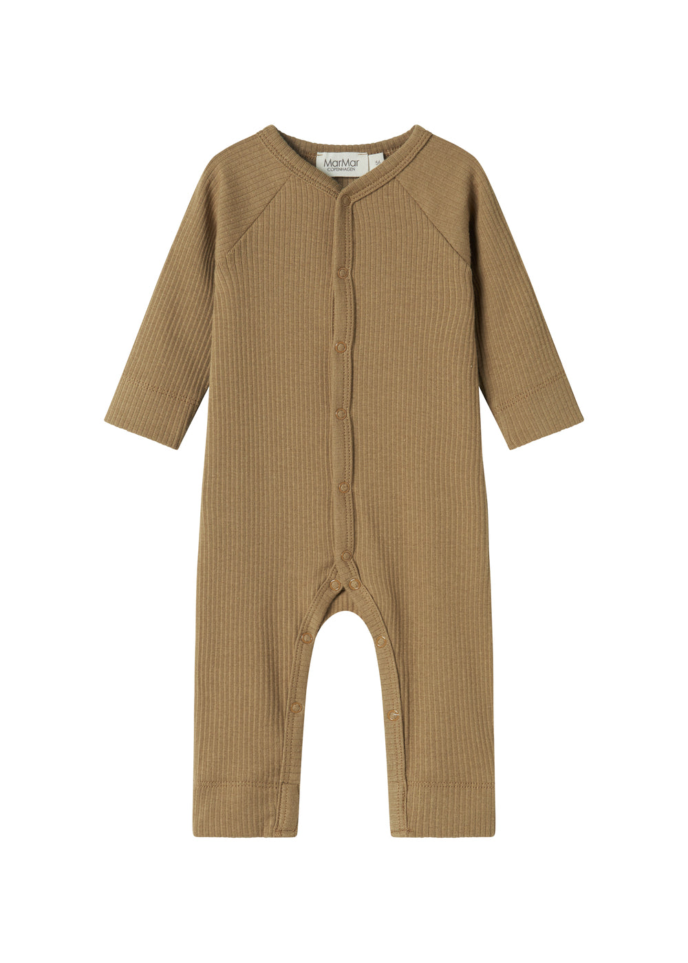 Ribbstrikket brun heldragt til baby i blødt materiale med lange ærmer og lange ben og tryknapper