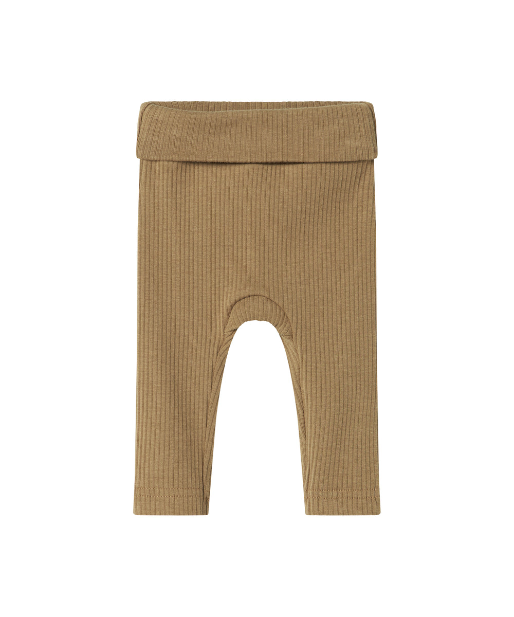 Brune ribstrikkede babybukser med nedbukket kant