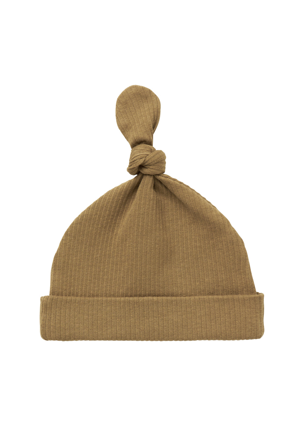 Brun ribstrikket babyhue med knude på toppen og opbukket kant