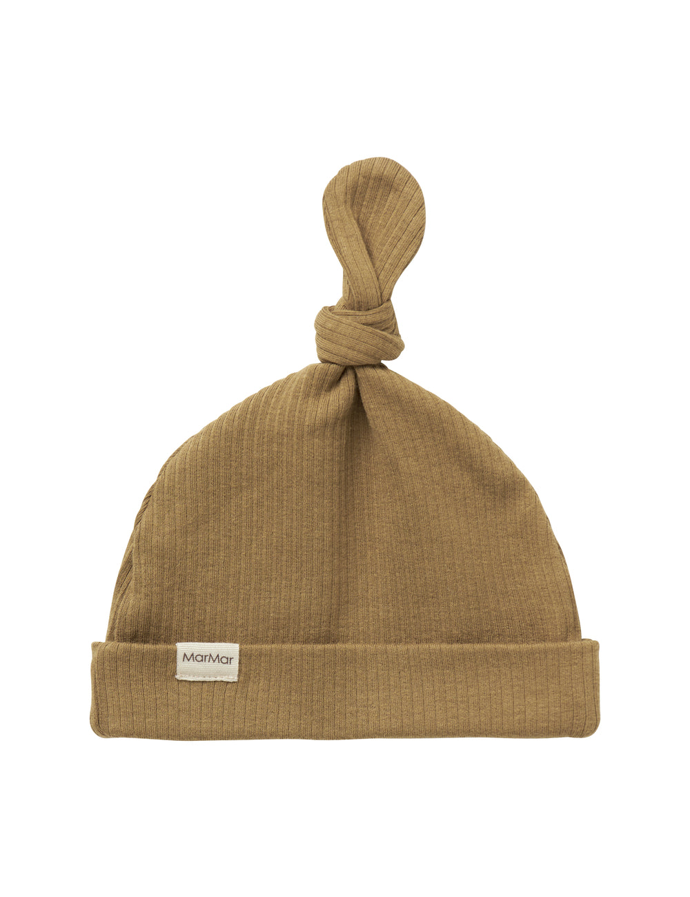 Brun strikket babyhue med knude på toppen og opbukket kant