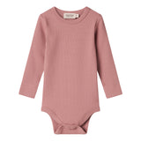 Lyserød ribstrikket body med lange ærmer til børn
