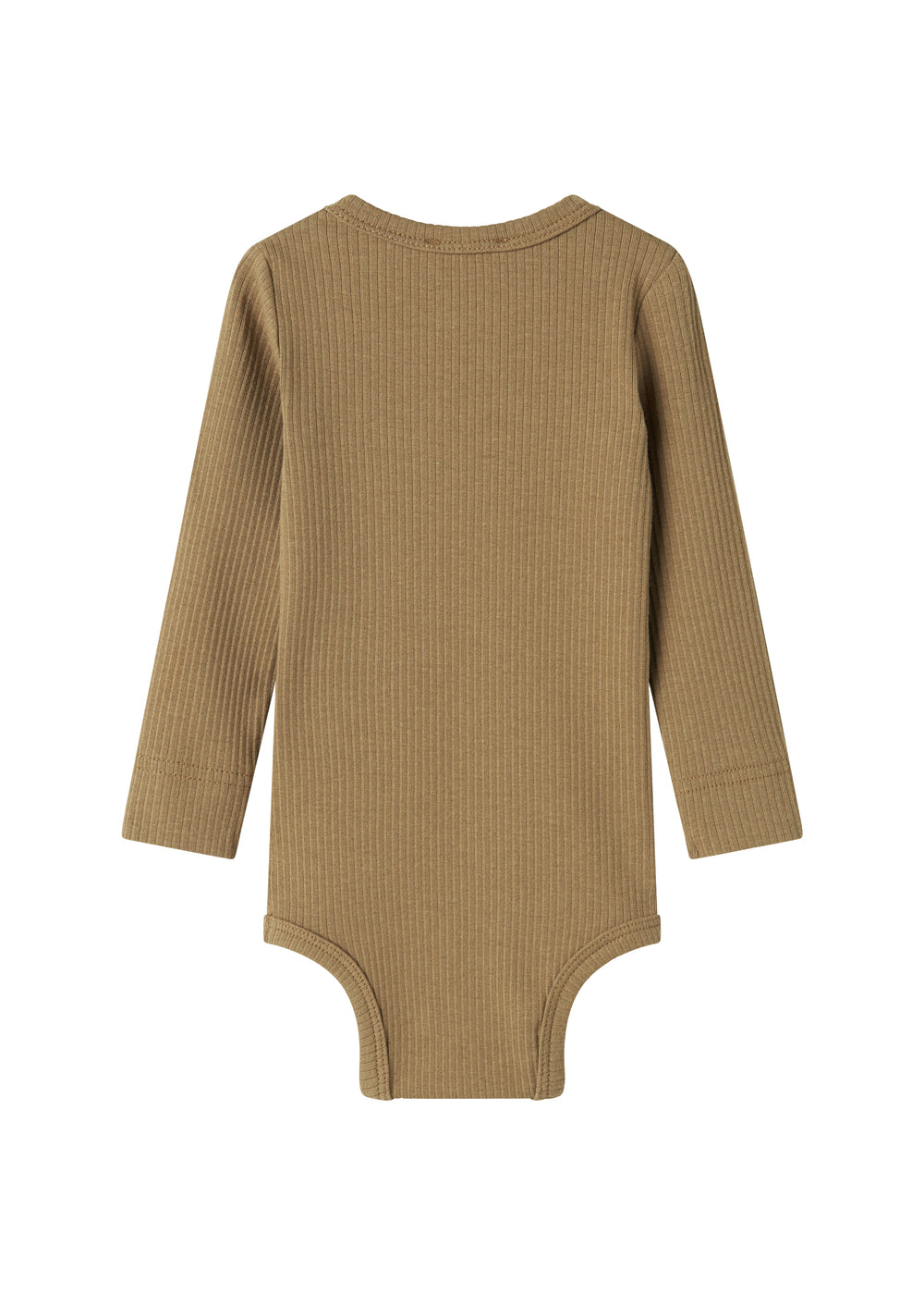Brun ribstrikket babybody med lange ærmer og knapper mellem benene
