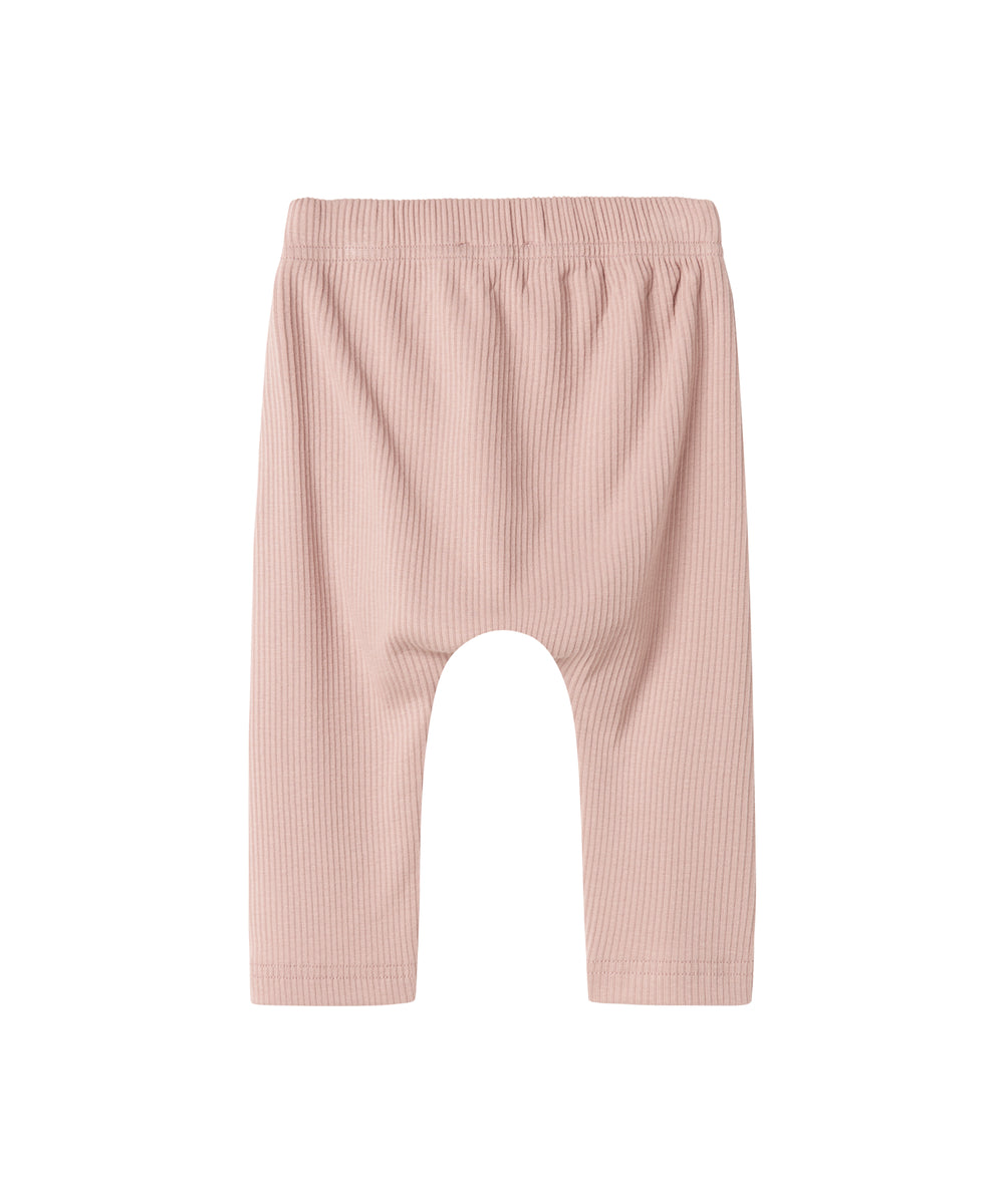 Lyserøde ribstrikkede babybukser med elastisk talje og snor