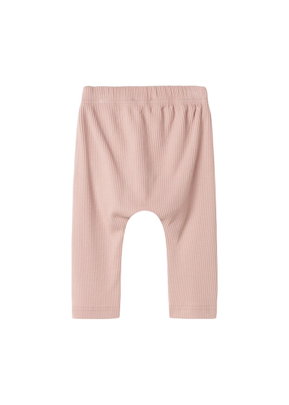 Lyserøde ribstrikkede babybukser med elastisk talje og snor