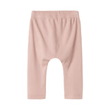 Lyserøde ribstrikkede babybukser med elastisk talje og snor