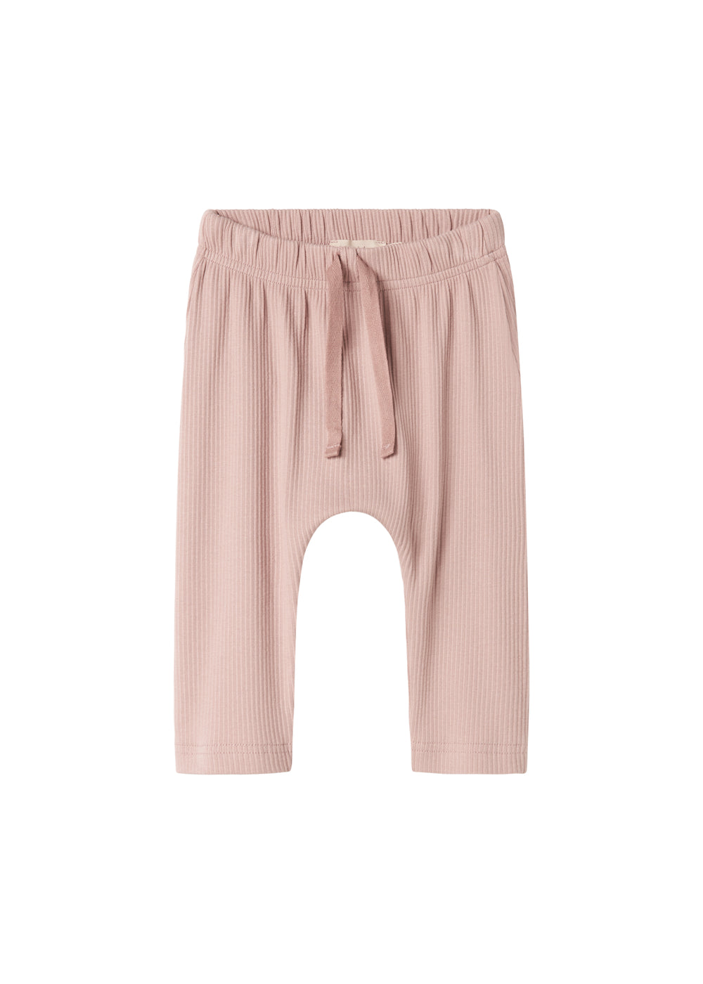 Lyserøde ribstrikkede babybukser med elastisk talje og snor