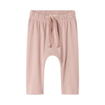 Lyserøde ribstrikkede babybukser med elastisk talje og snor