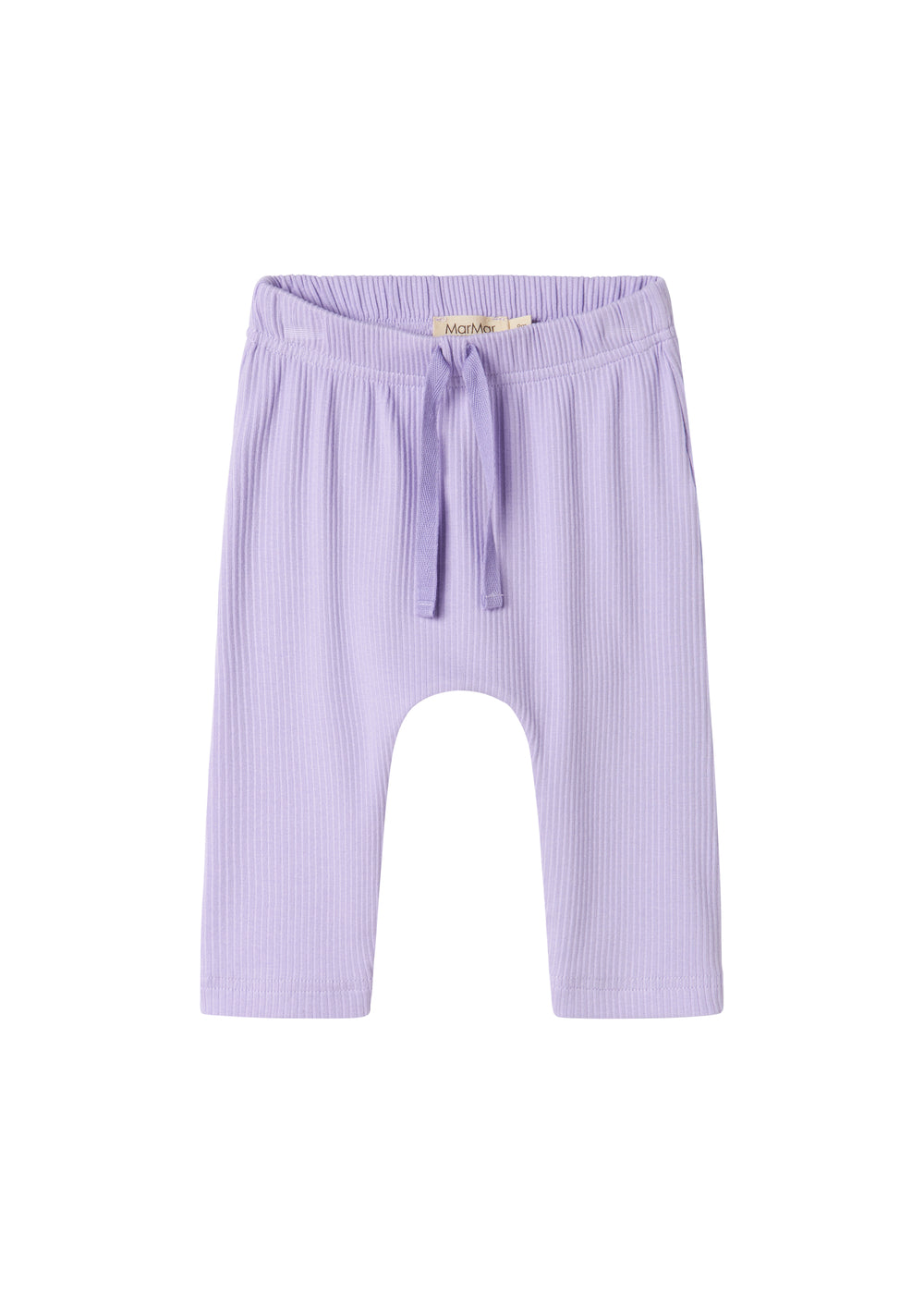 Lilla ribstrikkede babybukser med elastisk talje og snor