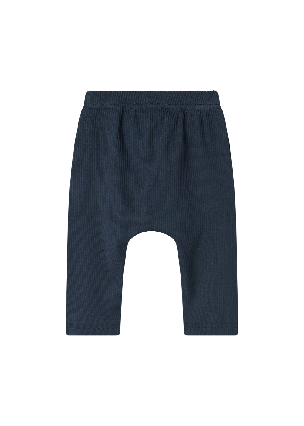 Blå ribstrikkede babybukser med elastisk talje og snor