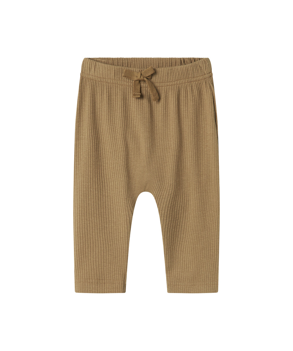 Brune ribstrikkede babybukser med elastisk talje og snor