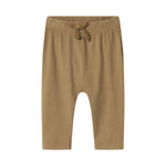 Brune ribstrikkede babybukser med elastisk talje og snor