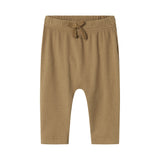 Brune ribstrikkede babybukser med elastisk talje og snor