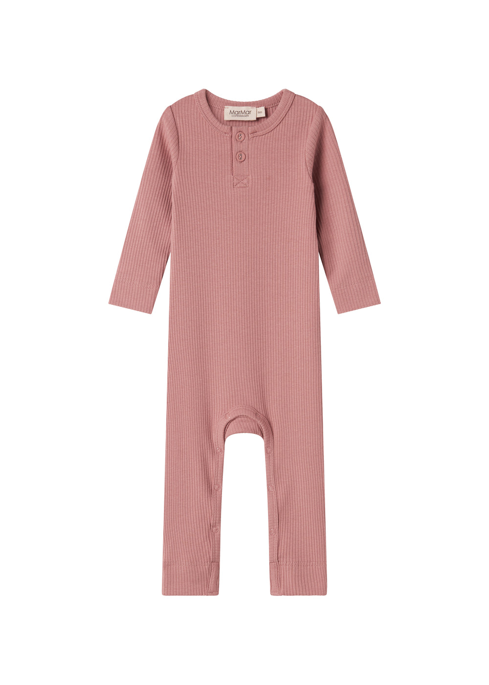 Lyserød ribstrikket heldragt med lange ærmer og ben og knapper til baby