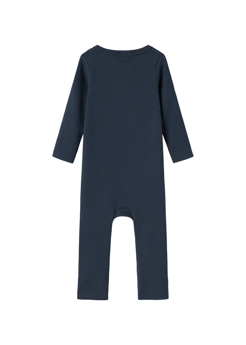 Ribbstrikket blå heldragt til baby i blødt materiale med lange ærmer, lange ben og knapper