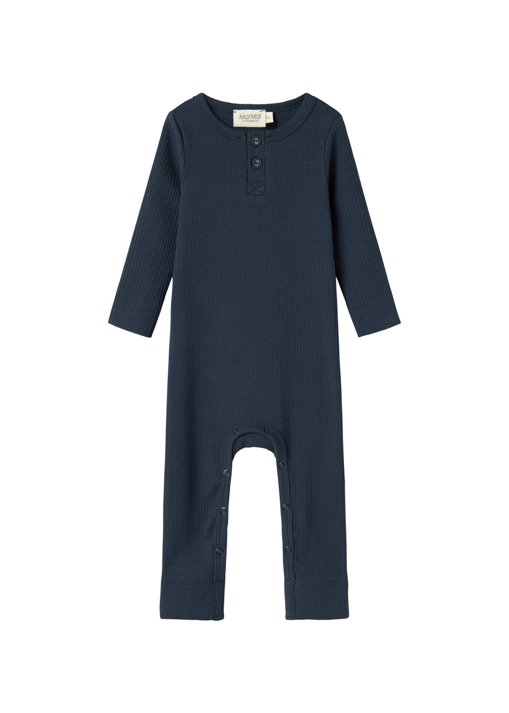 Ribbstrikket blå heldragt til baby i blødt materiale med lange ærmer, lange ben og knapper