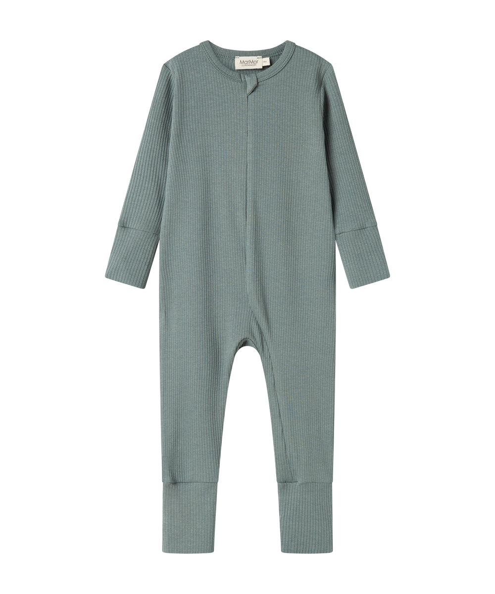 Grøn ribstrikket heldragt med lange ærmer og ben til baby