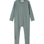 Grøn ribstrikket heldragt med lange ærmer og ben til baby