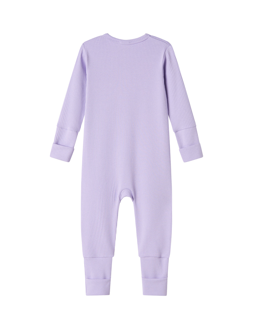 Ribbstrikket lys lilla heldragt til baby i blødt materiale med lange ærmer og lange ben og lynlås