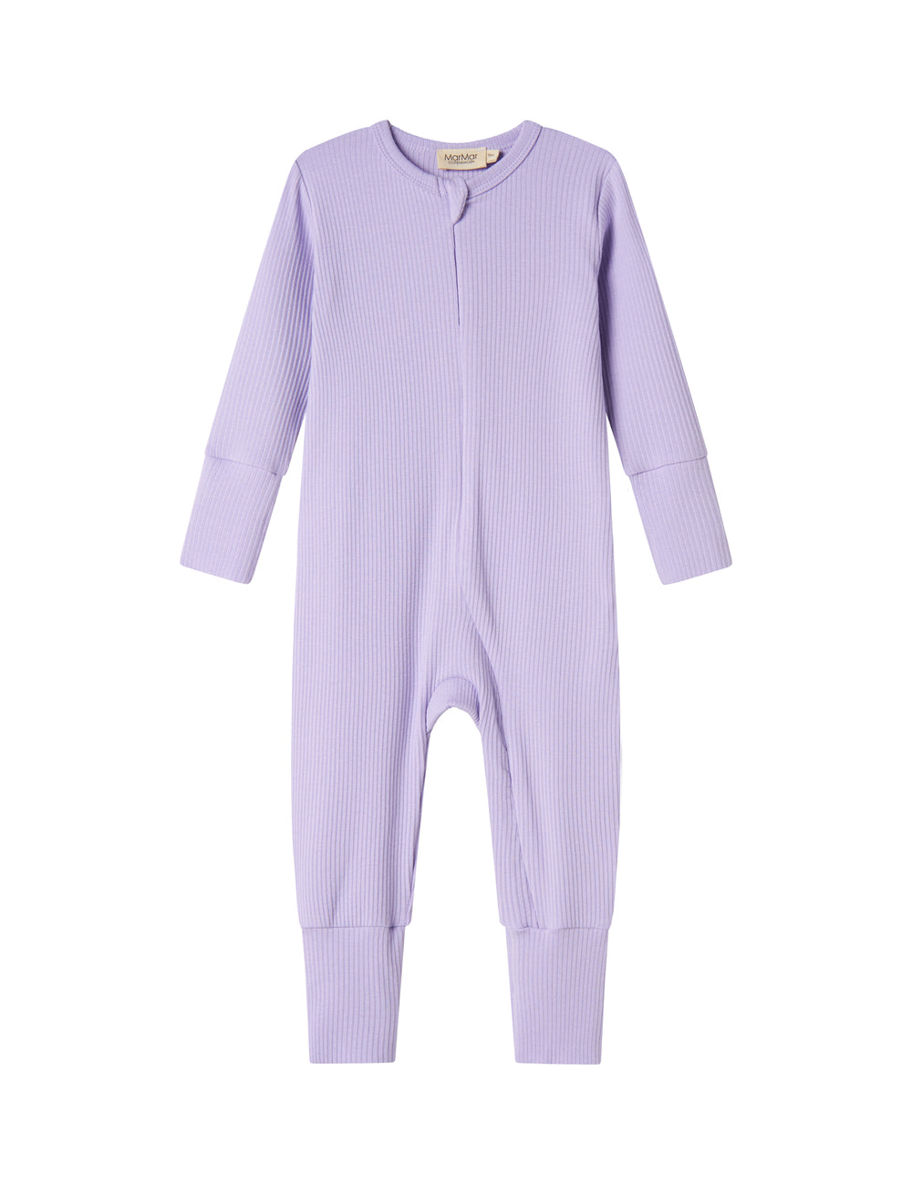 Ribbstrikket lys lilla holdragt til baby i blødt materiale med lange ærmer og lange ben og lynlås
