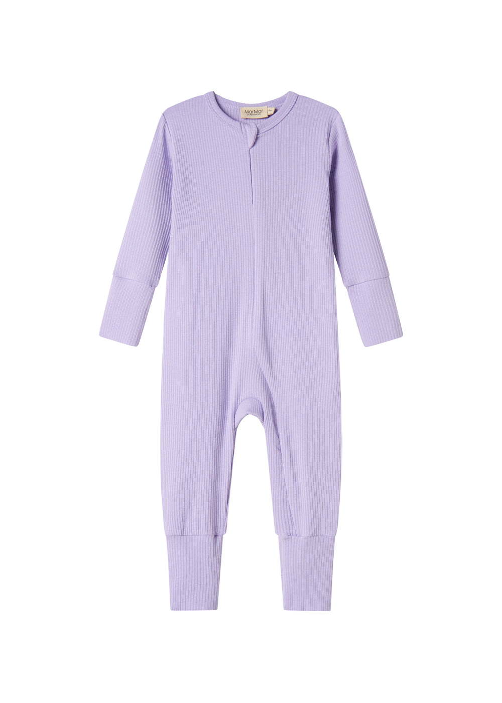 Ribbstrikket lys lilla heldragt til baby i blødt materiale med lange ærmer og lange ben og lynlås