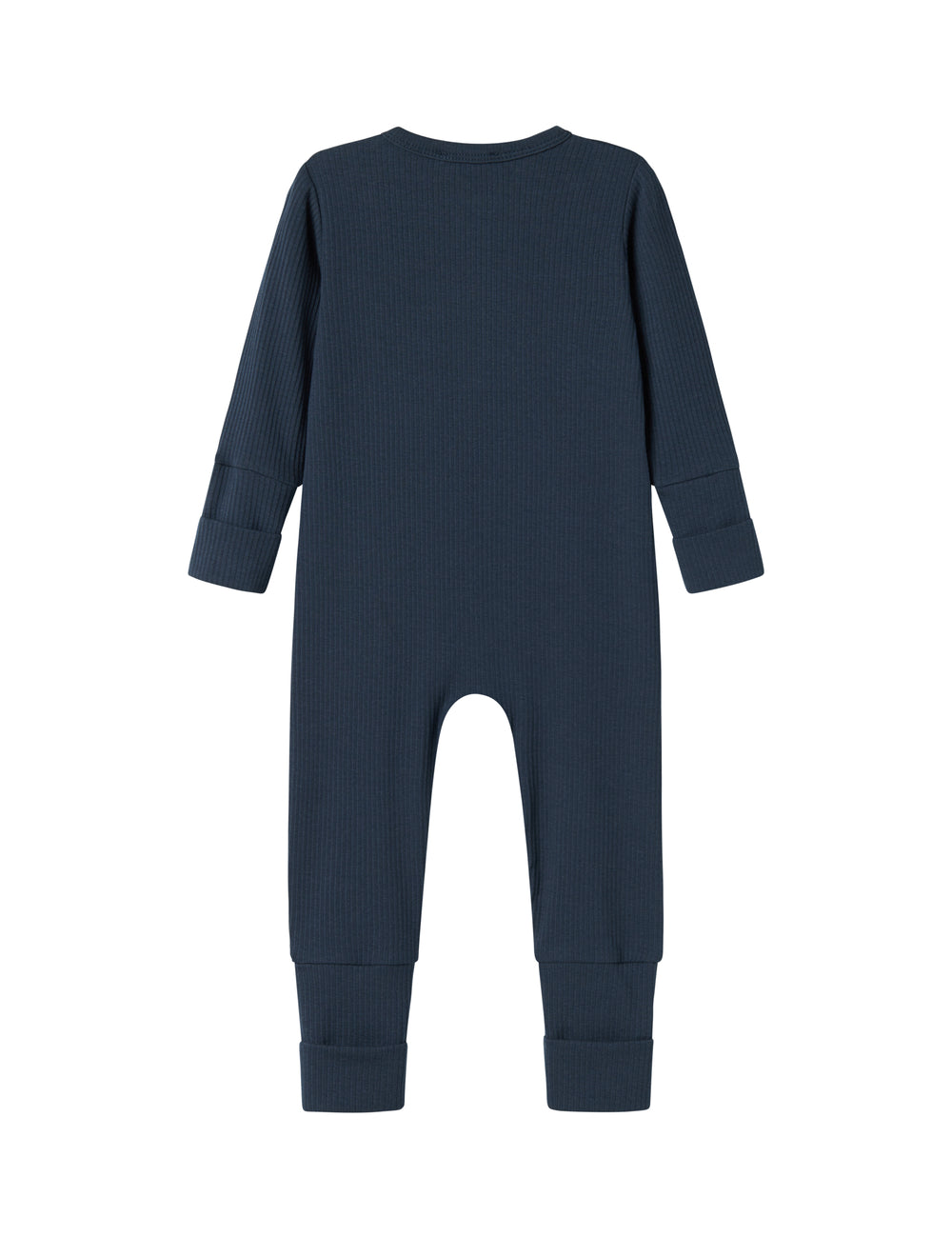 Ribbstrikket blå heldragt til baby i blødt materiale med lange ærmer og lange ben og lynlås