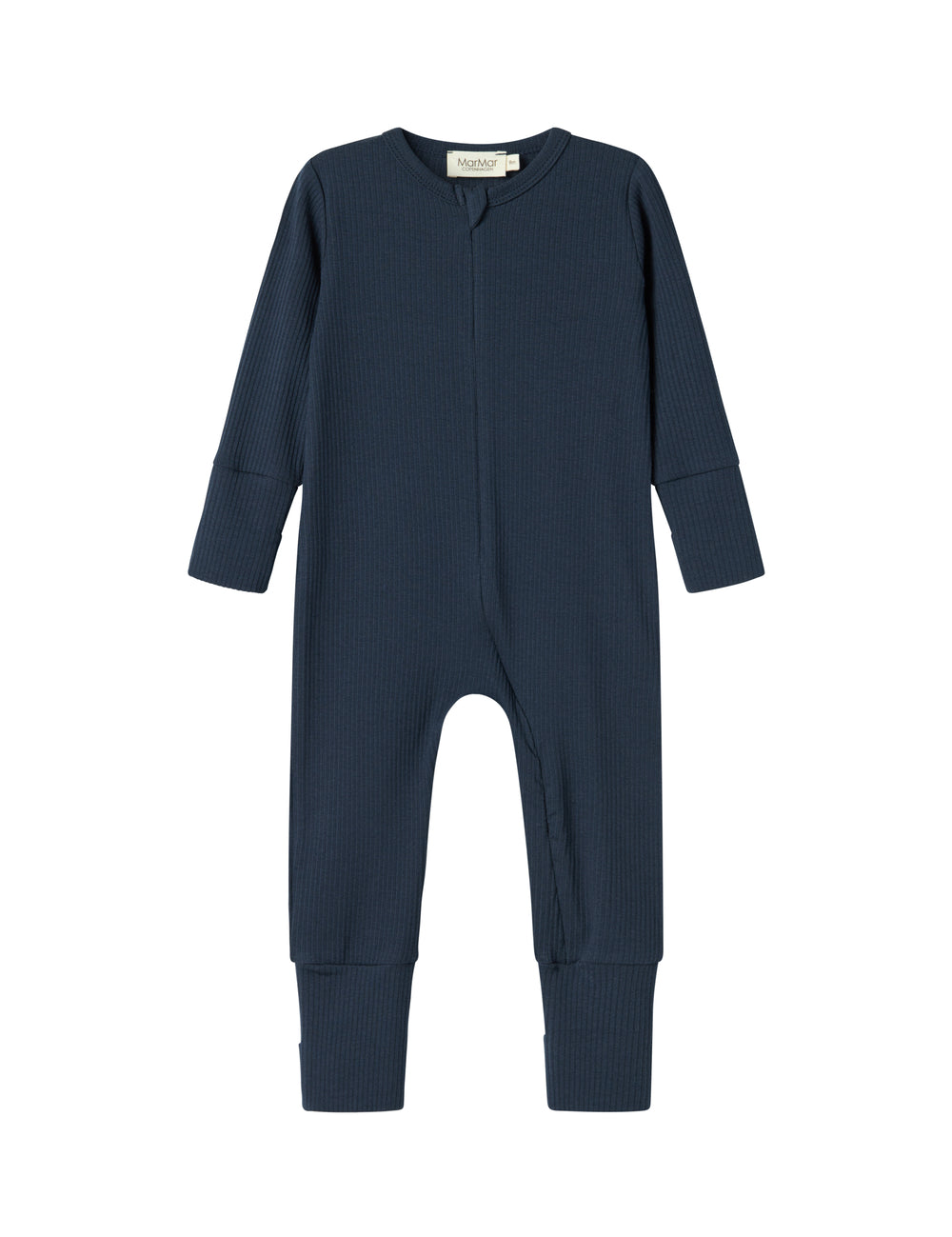 Ribbstrikket blå holdtt til baby i iødtdt mater med langeærmer og lange ben og lynlås