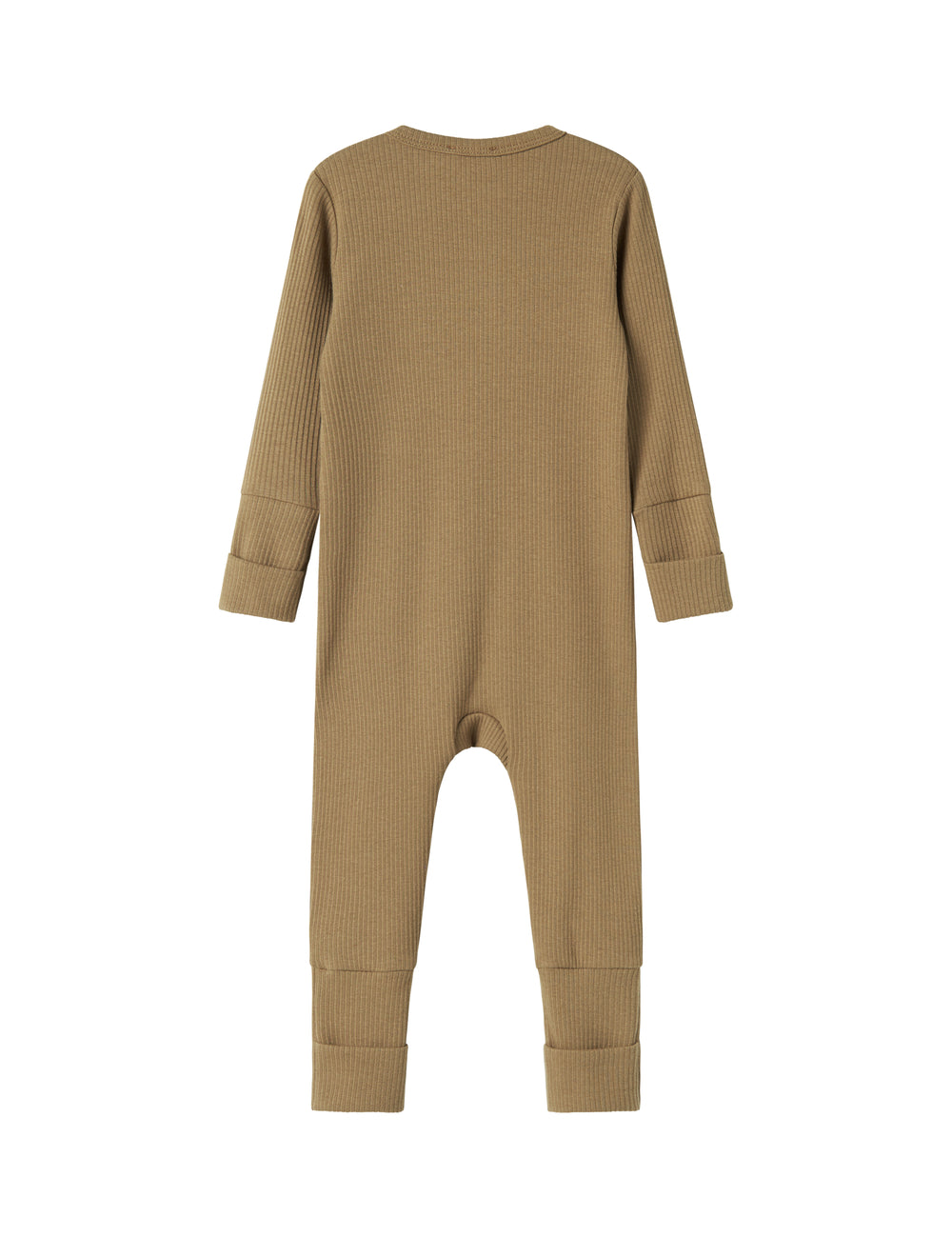 Ribbstrikket brun heldragt til baby i blødt materiale med lange ærmer og lange ben og lynlås
