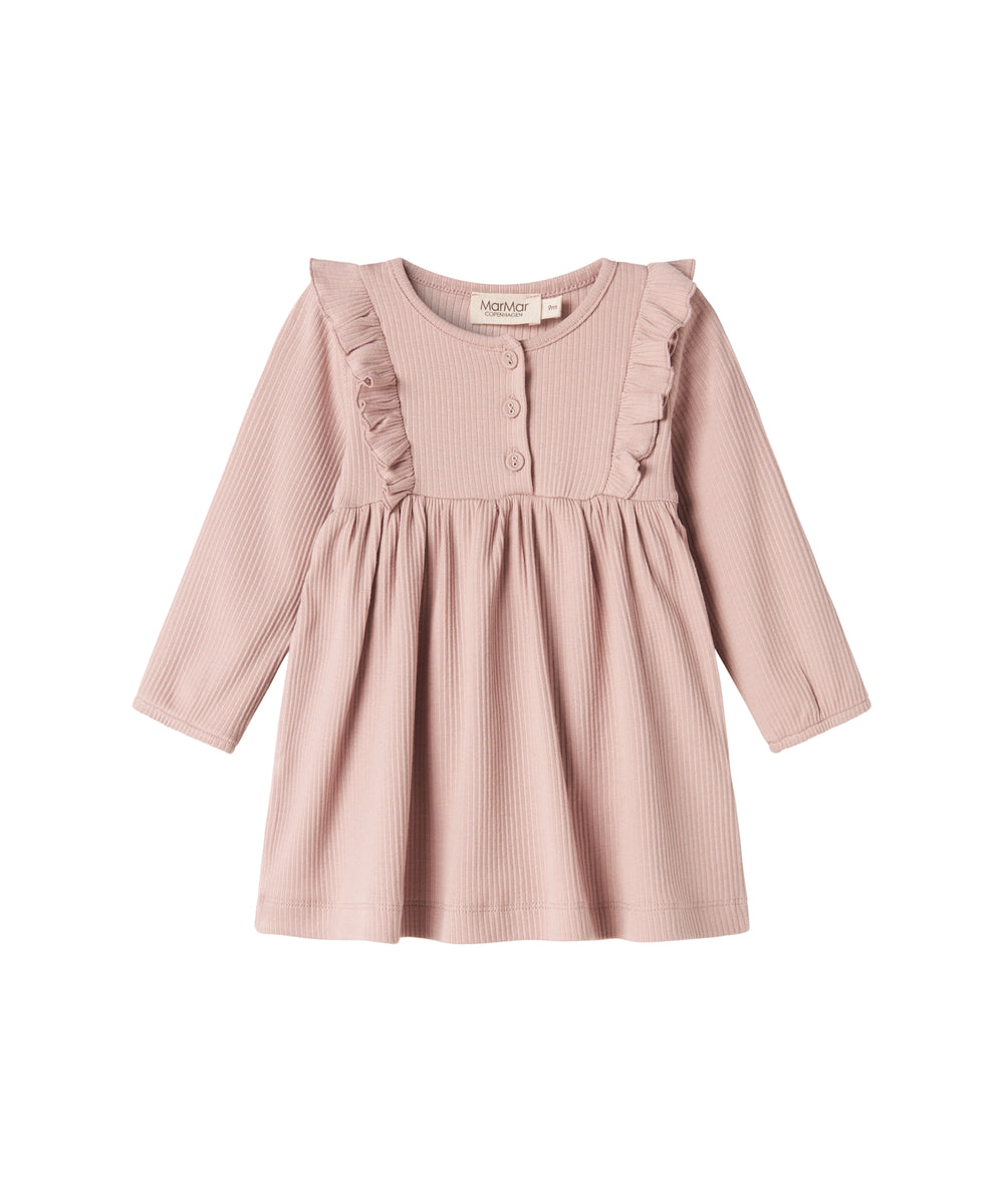 Lyserød ribstrikket kjole til børn med flæsedetaljer og lange ærmer