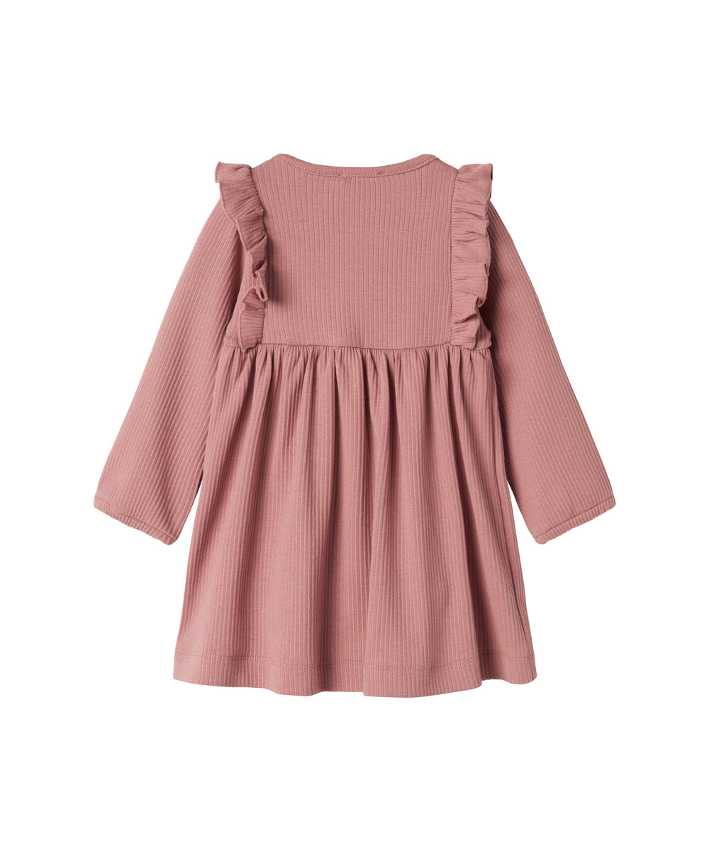 Lyserød ribstrikket kjole med lange ærmer, knapper og flæser til børn