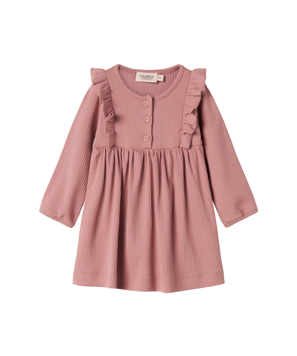 Lyserød ribstrikket kjole med lange ærmer, knapper og flæser til børn