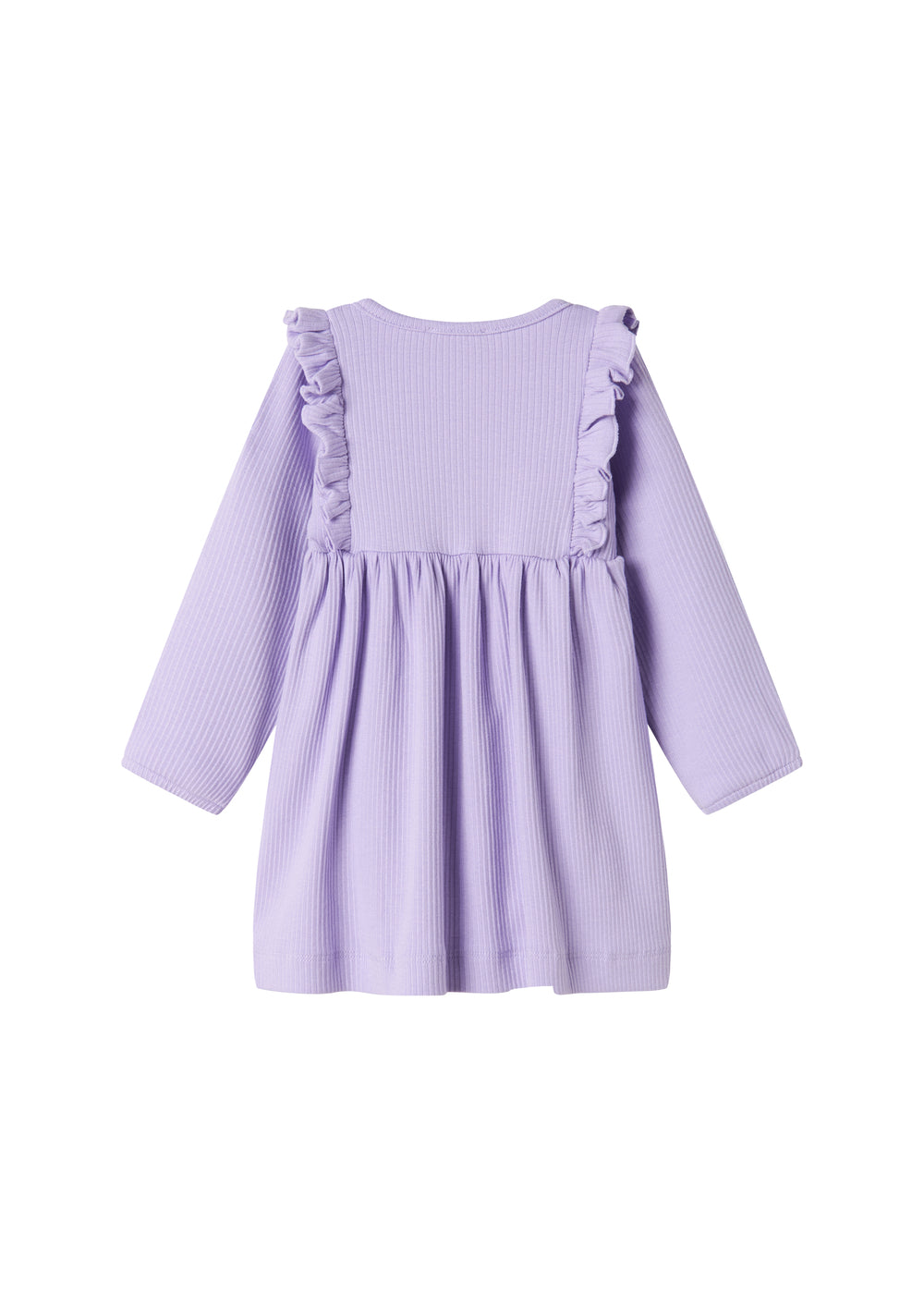 Lilla ribstrikket kjole til børn med flæsedetaljer og lange ærmer