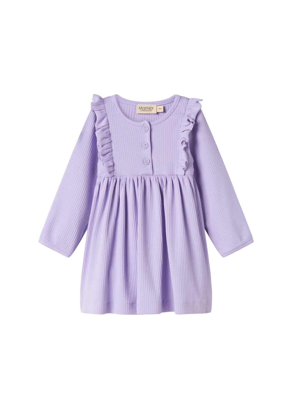 Lilla ribstrikket kjole til børn med flæsedetaljer og lange ærmer