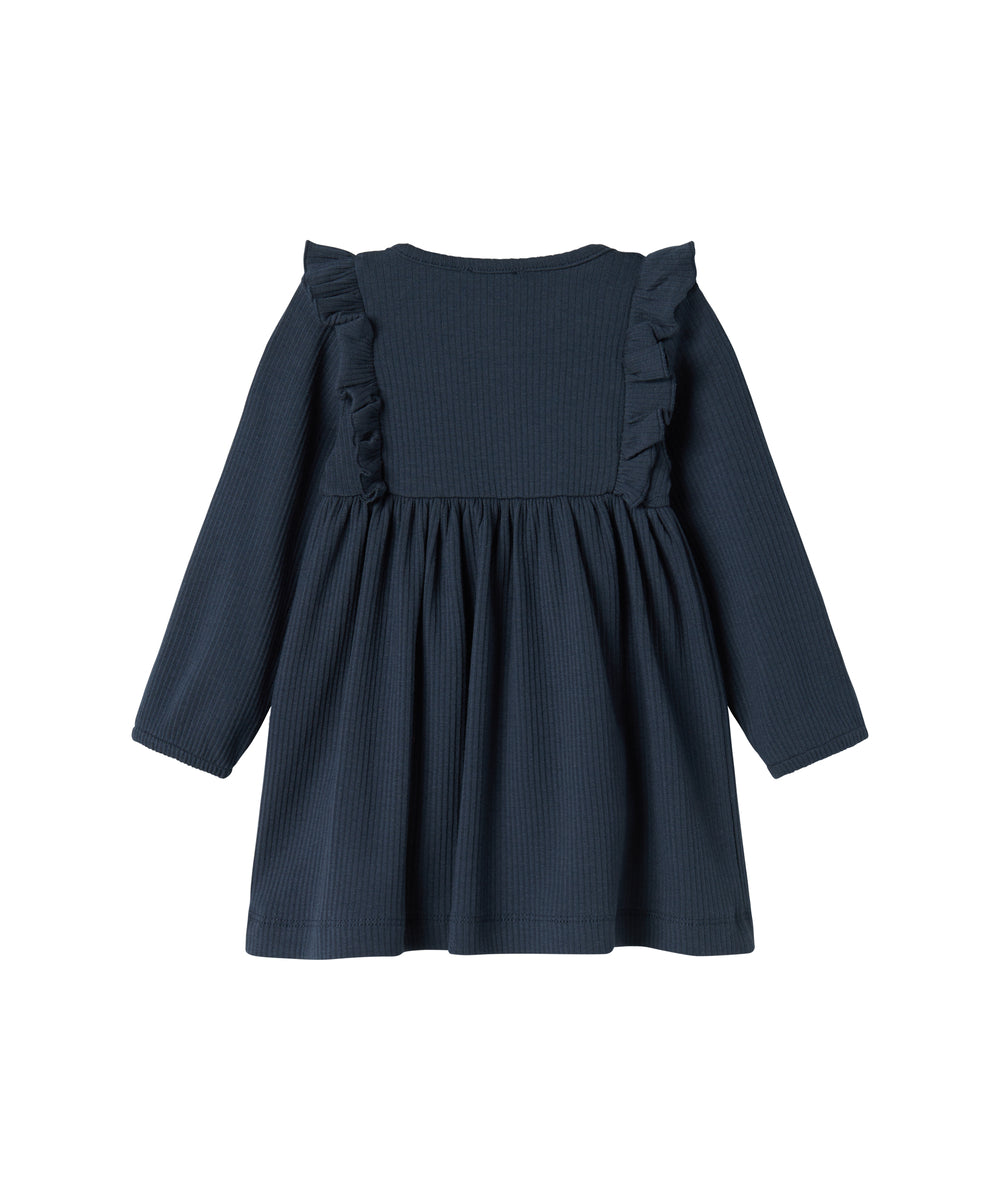 Mørkeblå ribstrikket kjole til børn med flæsedetaljer og lange ærmer