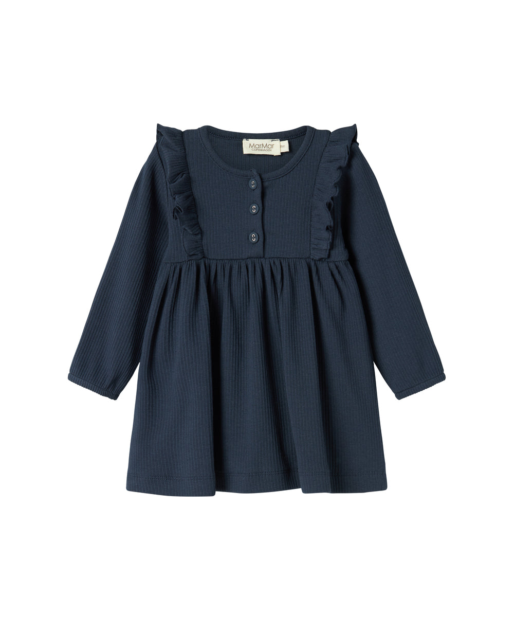 Mørkeblå ribstrikket kjole til børn med flæsedetaljer og lange ærmer