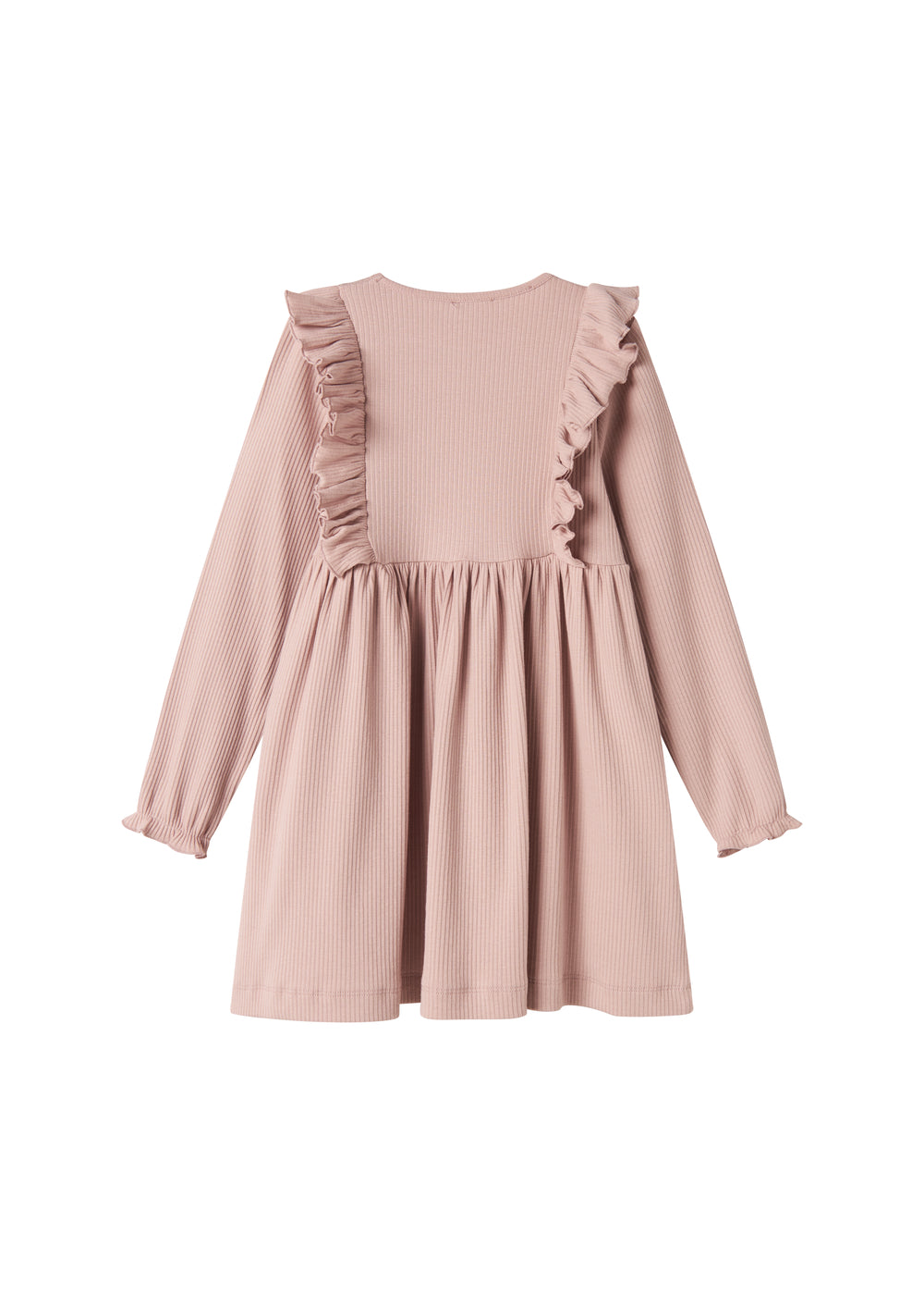 Langærmet lyserød ribstrikket kjole med flæser til børn