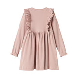 Langærmet lyserød ribstrikket kjole med flæser til børn