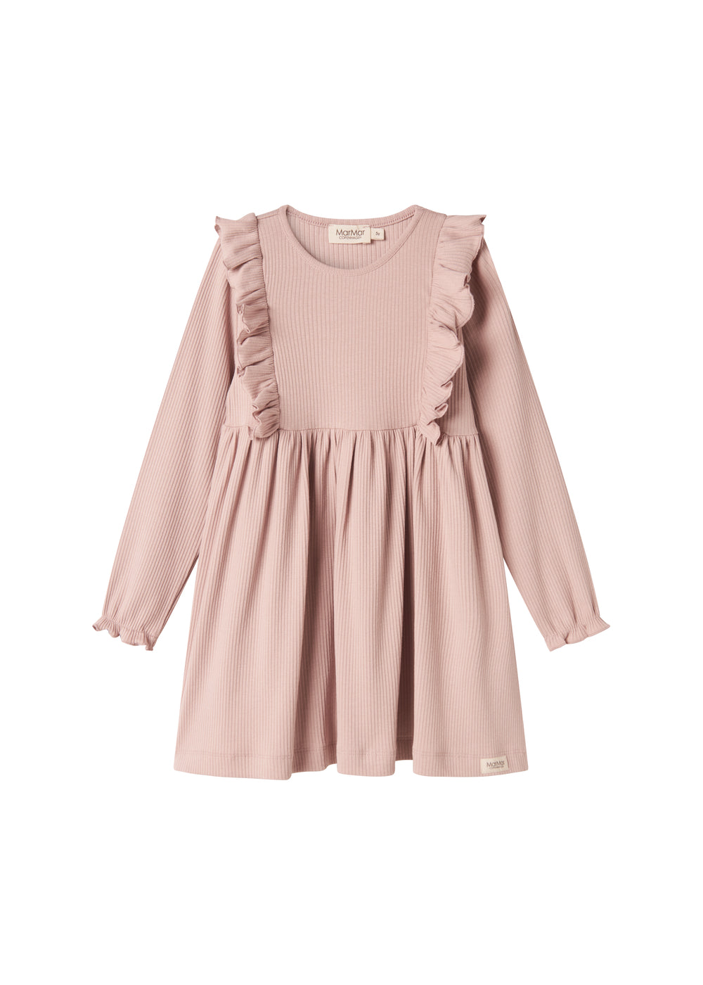Langærmet lyserød ribstrikket kjole med flæser til børn
