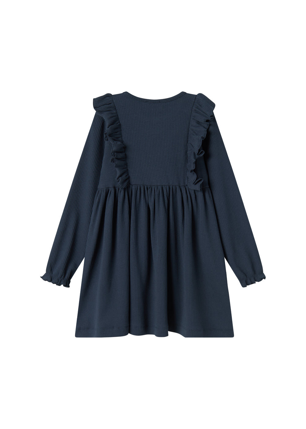 Langærmet navyblå ribstrikket kjole med flæser til børn