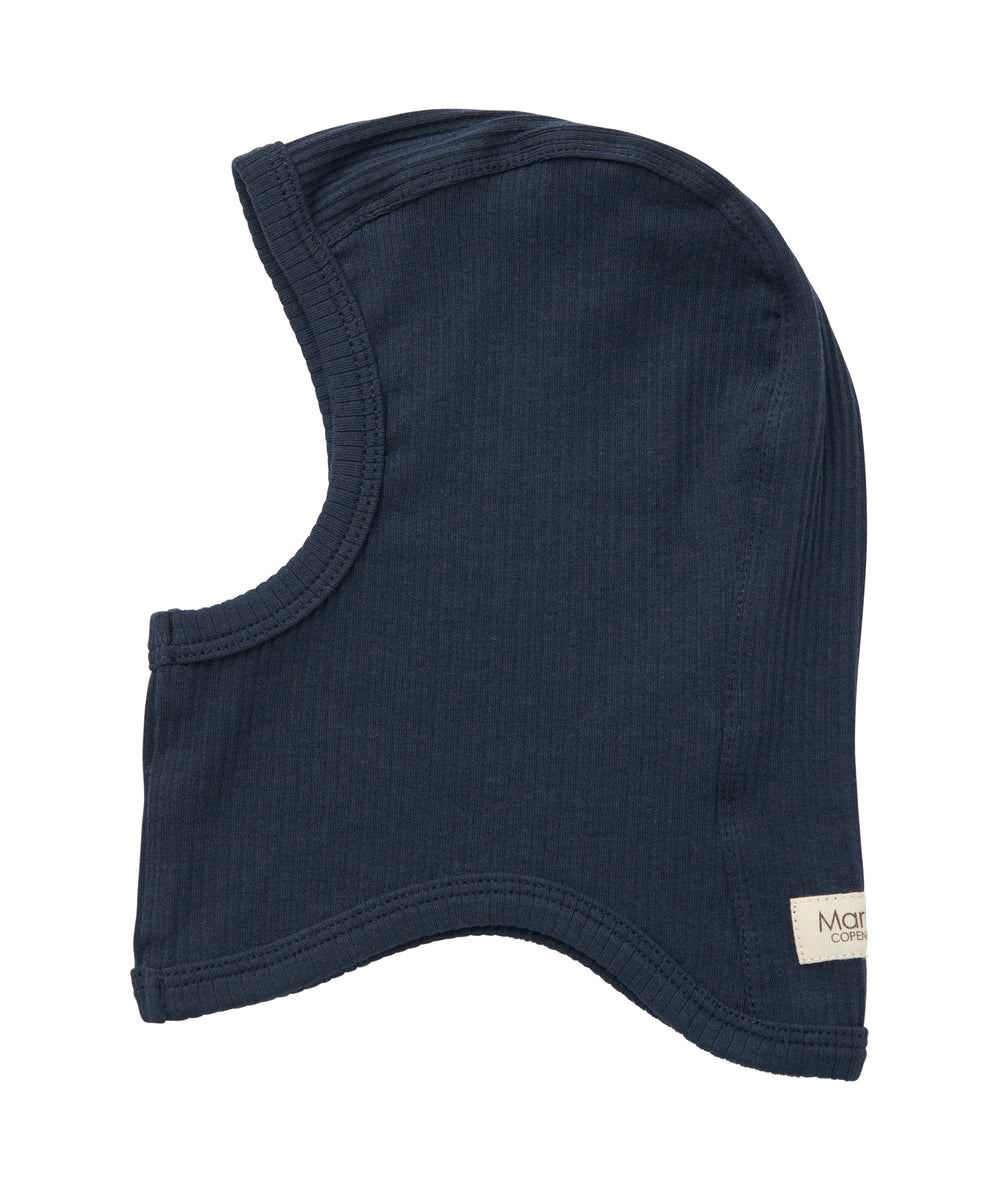 Ribstrikket navy blå elefanthue til børn