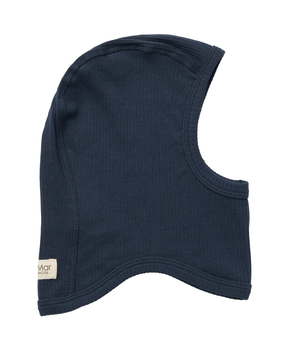 Ribstrikket navy blå elefanthue til børn