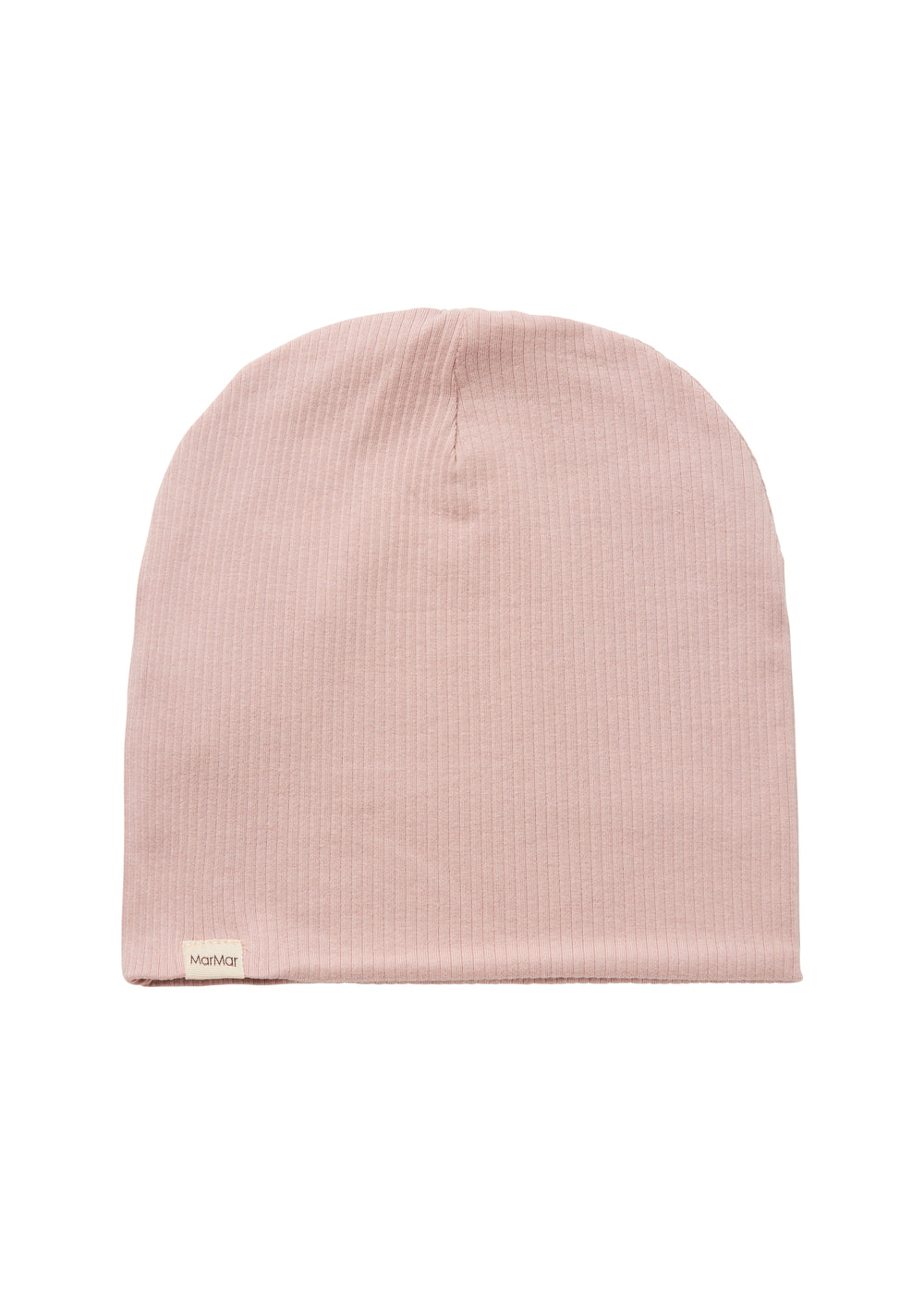 Ribstrikket lys rosa børnehue med lille mærke