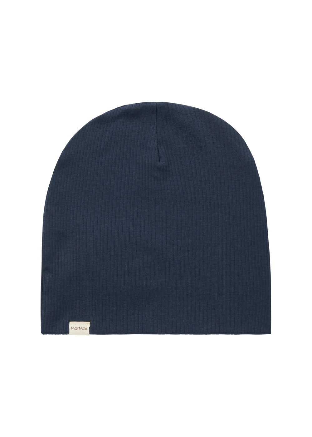 Ribstrikket navy blå børnehue med lille mærke