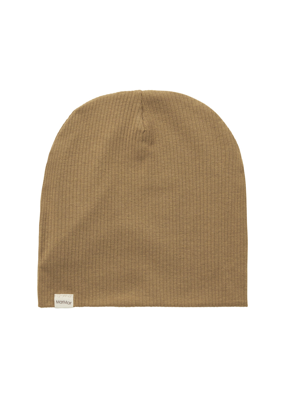 Ribstrikket brun børne beanie med lille mærke